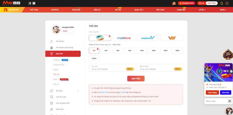 Hướng dẫn nạp tiền bằng Thẻ cào