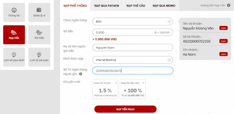 Hướng dẫn nạp và rút tiền tại RED88