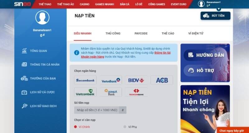 Thao tác nạp, rút tiền tại SIN88