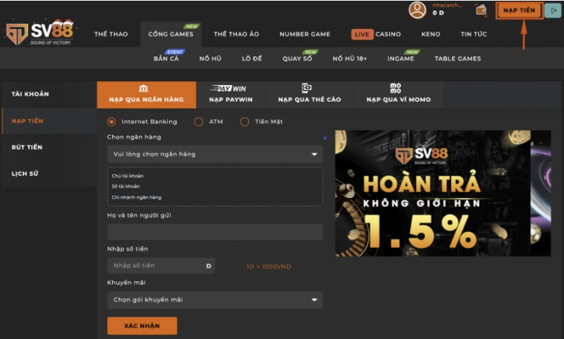 SV88 - Chơi cá cược bóng đá siêu hot tại thị trường Việt Nam - Update 2026 7 Hướng dẫn thao tác nạp tiền tại SV88 cho người mới